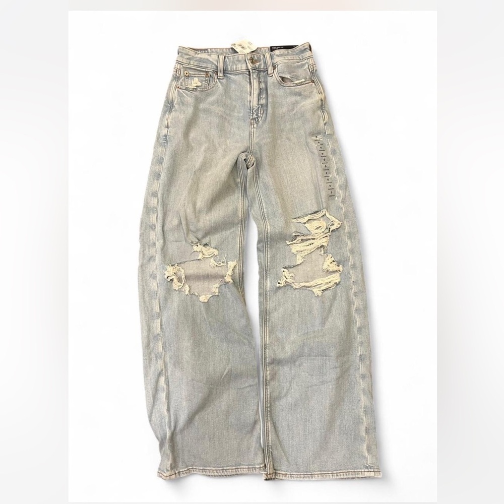 American Eagle Light Blue Ripped Wide Leg Dreamy Drapey Streach Baggy Jeans - Picture 3 of 7